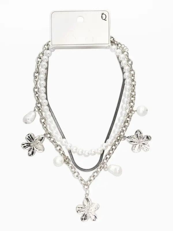Колье медь "Жемчуг с цветами" (набор 3шт), 34/36/40см цвет белый в серебре