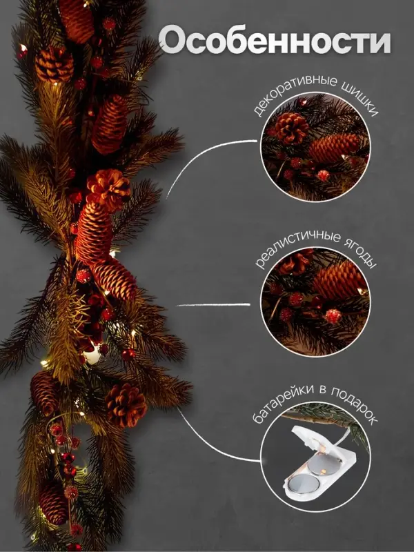 Декор настенный &laquo;Еловая ветвь с шишками&raquo;, 70&times;27 см, 30 LED, от батареек CR2032&times;2, свечение тёплое белое