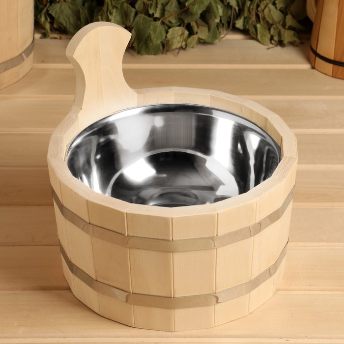 Шайка из липы, 3 л, круглая, нержавеющая вставка, Шайка из липы, 3 л, круглая, нержавеющая вставка, "Добропаровъ"