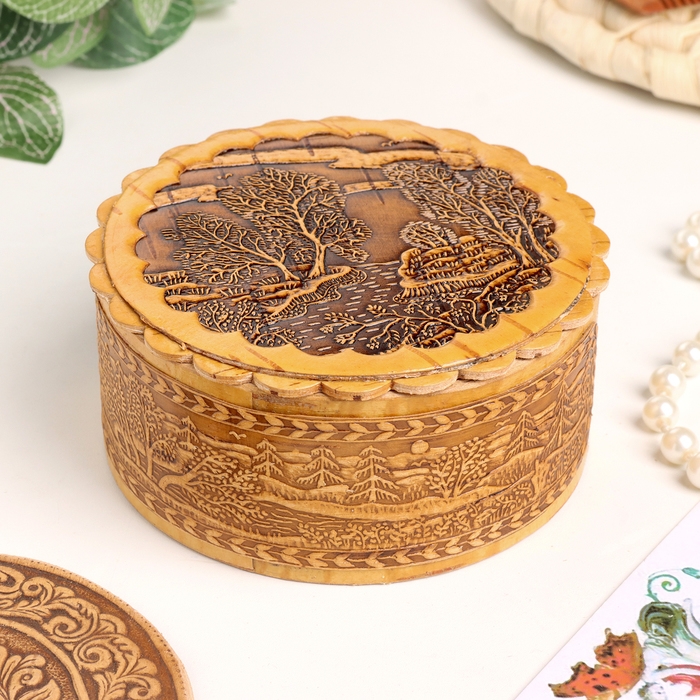 Шкатулка  Шкатулка "Пейзаж лесной", 100 х 40 мм, береста