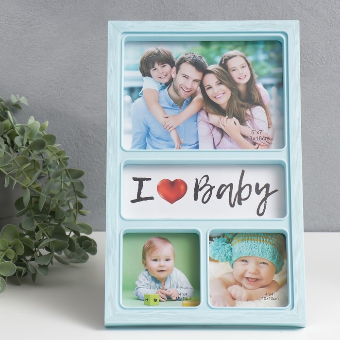 Фоторамка пластик на 3 фото 10х10 см, 13х18 см  Фоторамка пластик на 3 фото 10х10 см, 13х18 см "Лион" голубая 32х20 см