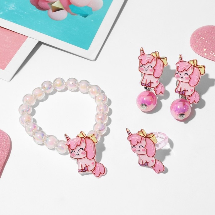 Набор детский «Выбражулька» 3 предмета: клипсы, браслет, кольцо, единорожки, цветной Набор детский «Выбражулька» 3 предмета: клипсы, браслет, кольцо, единорожки, цветной