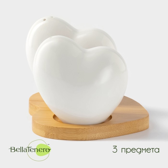 Набор фарфоровый для специй на бамбуковой подставке BellaTenero «Тепло сердец», 2 предмета: солонка 75 мл, перечница 75 мл, цвет белый Набор фарфоровый для специй на бамбуковой подставке BellaTenero «Тепло сердец», 2 предмета: солонка 75 мл, перечница 75 мл, цвет белый