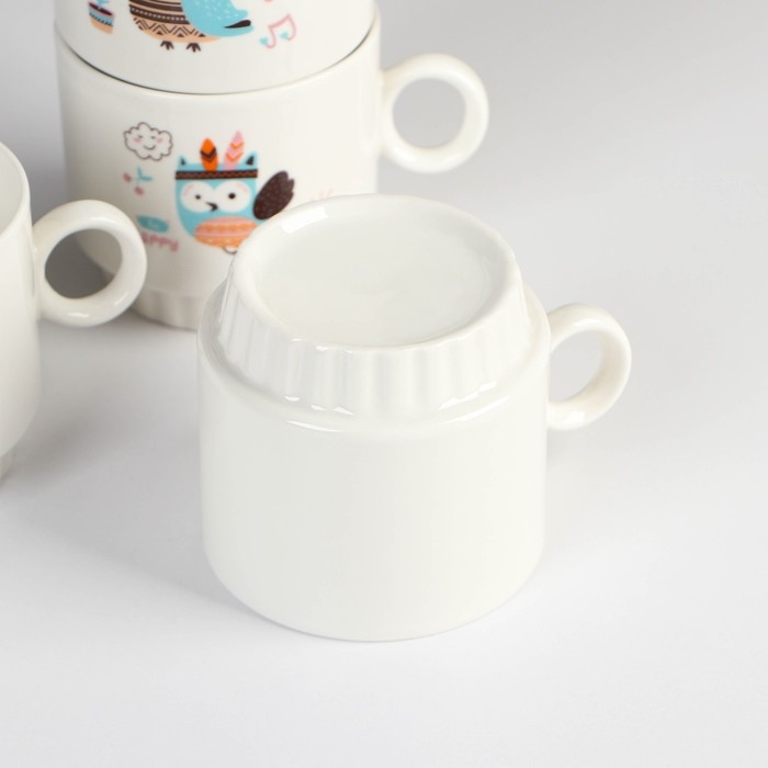 Набор кружек керамических на металлической подставке Доляна «Совы», 4 предмета: 200 мл, рисунок МИКС