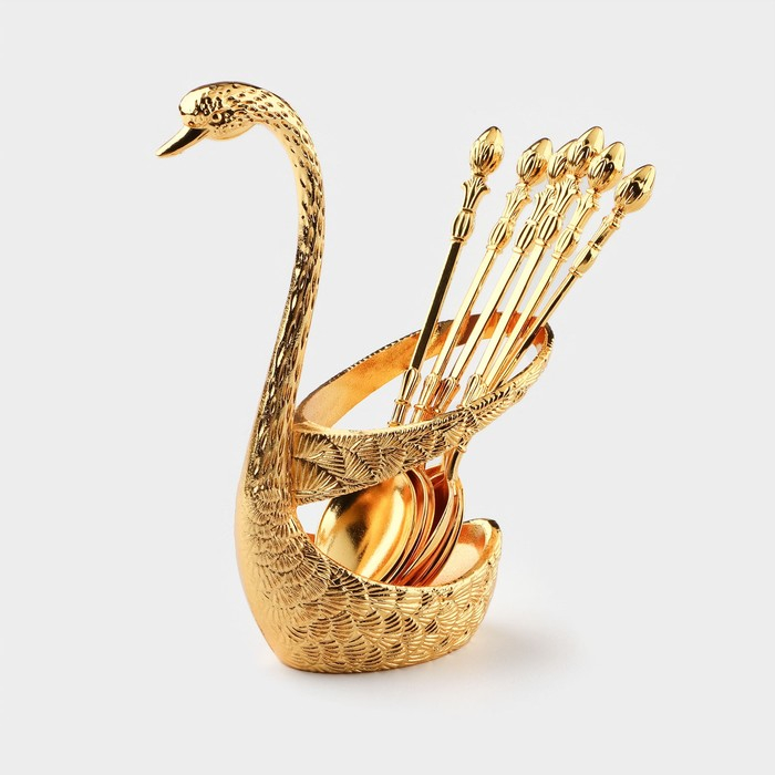 Набор ложек на подставке Magistro «Золотой лебедь», 7,5×5×14 см, цвет золотой Набор ложек на подставке Magistro «Золотой лебедь», 7,5×5×14 см, цвет золотой