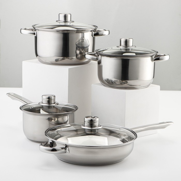 Набор посуды из нержавеющей стали Доляна «Классика», 8 предметов: ковш 1,5 л, 2 кастрюли 2/3 л, сковорода d=24 см, крышки, стенки 0,3 мм, дно 5 мм Набор посуды из нержавеющей стали Доляна «Классика», 8 предметов: ковш 1,5 л, 2 кастрюли 2/3 л, сковорода d=24 см, крышки, стенки 0,3 мм, дно 5 мм