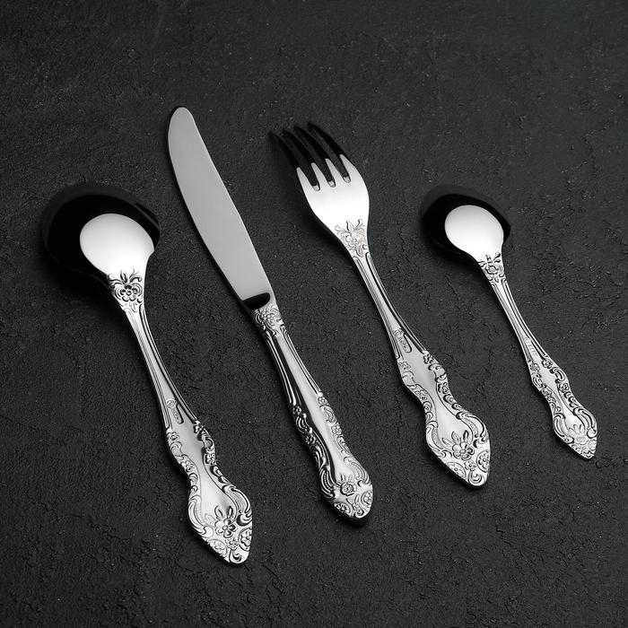 Набор столовых приборов «Тройка», 24 предмета, декоративная коробка, цвет серебряный Набор столовых приборов «Тройка», 24 предмета, декоративная коробка, цвет серебряный