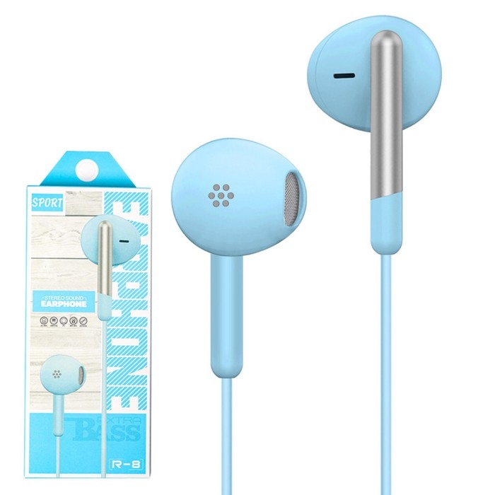 Наушники R-8, проводные, вкладыши, микрофон, 1 м, Jack 3.5 мм, голубые Наушники R-8, проводные, вкладыши, микрофон, 1 м, Jack 3.5 мм, голубые
