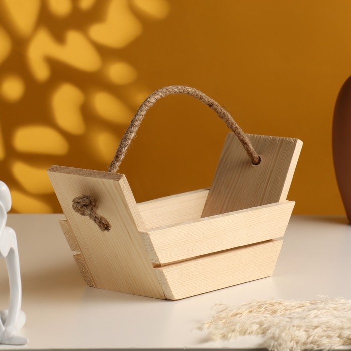 Кашпо деревянное двуреечное, ручка веревка 26,5х12,5х9,5 см натуральный Кашпо деревянное двуреечное, ручка веревка 26,5х12,5х9,5 см натуральный