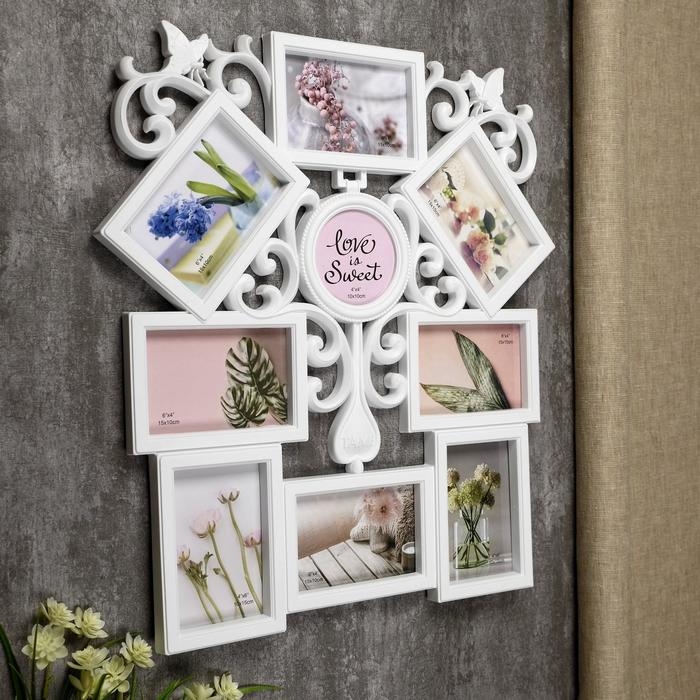 Фоторамка пластик на 9 фото 10х10, 10х15 см  Фоторамка пластик на 9 фото 10х10, 10х15 см "Узоры" белая 54х49 см