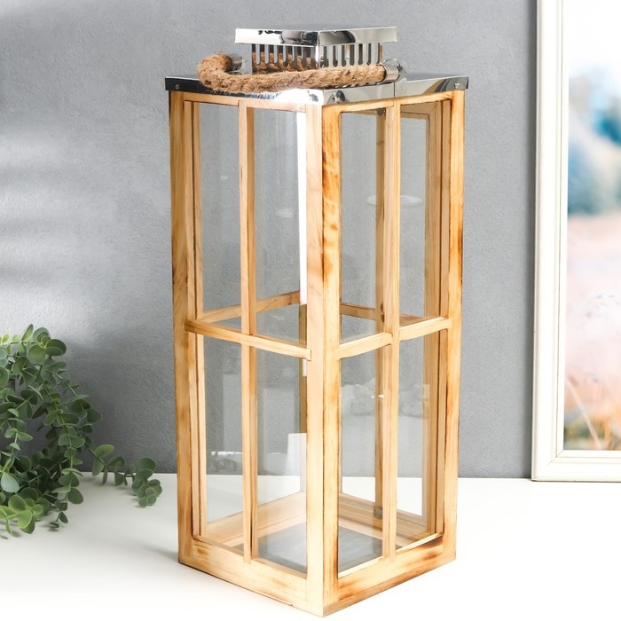 Подсвечник дерево Подсвечник дерево "Фонарь - большие окна" коричневый набор 2 шт 30х13х13; 49х18,5х18,5 см