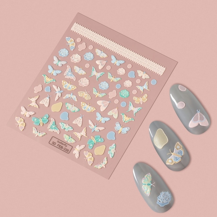 Наклейки для ногтей «Бабочки и цветы», объёмные, разноцветные Наклейки для ногтей «Бабочки и цветы», объёмные, разноцветные