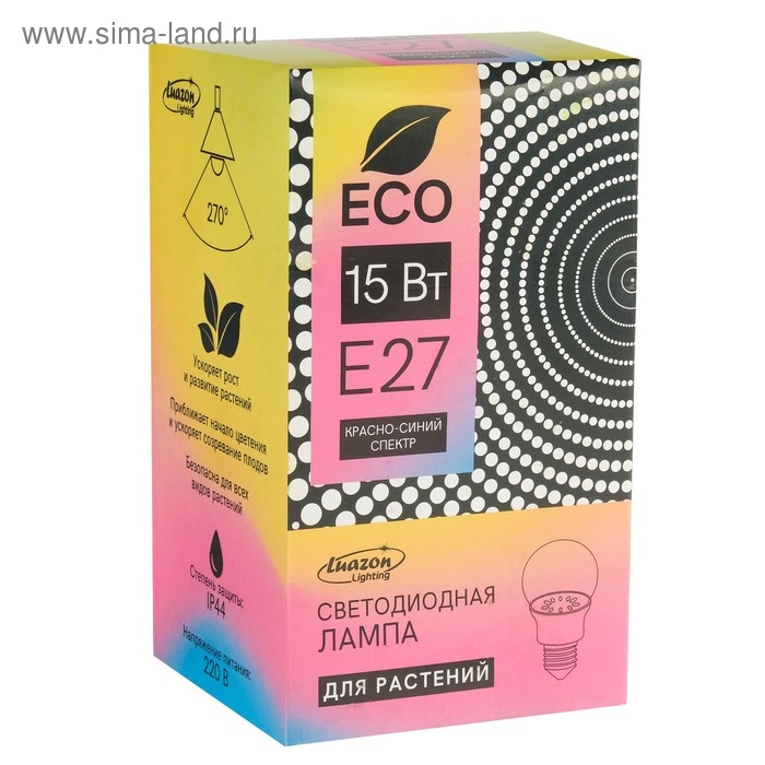 Фитолампа светодиодная Luazon, А60, E27, 15 Вт, IP44, 220 В, 270°, мультиспектральная Фитолампа светодиодная Luazon, А60, E27, 15 Вт, IP44, 220 В, 270°, мультиспектральная