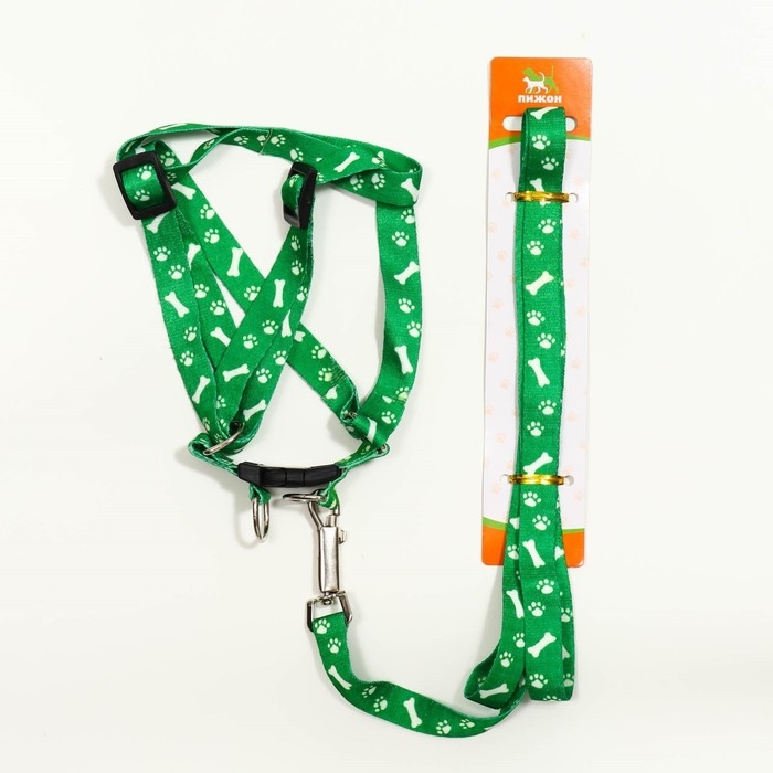 Комплект капроновый Комплект капроновый "Косточки и лапки", 1,5 см, шлейка 30-44 см, поводок 120 см, зелёный