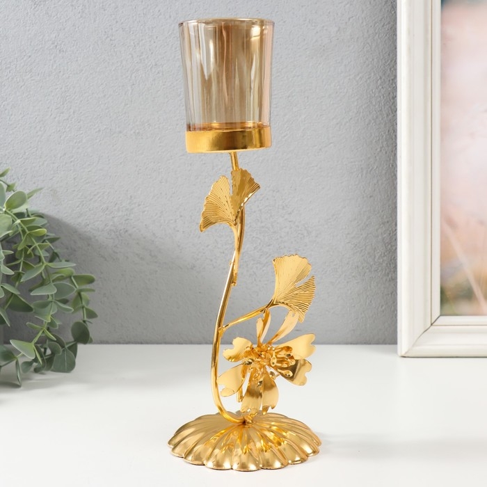 Подсвечник металл, стекло на 1 свечу Подсвечник металл, стекло на 1 свечу "Золотой цветок" d=4,7 см 10,7х9,5х24,2 см