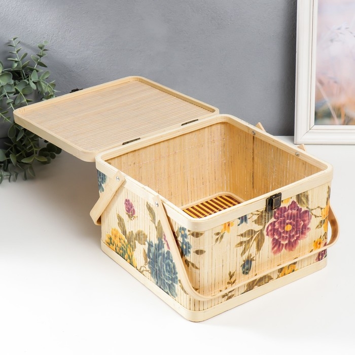 Шкатулка бамбук Шкатулка бамбук "Сад с пионами" квадрат, с ручками 16х24х24 см