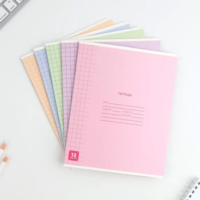 Тетрадь в клетку 12 листов А5, на скрепке &laquo;Минимализм&raquo;, обложка мелованный картон, блок №1 белизна 96%, 5 видов МИКС
