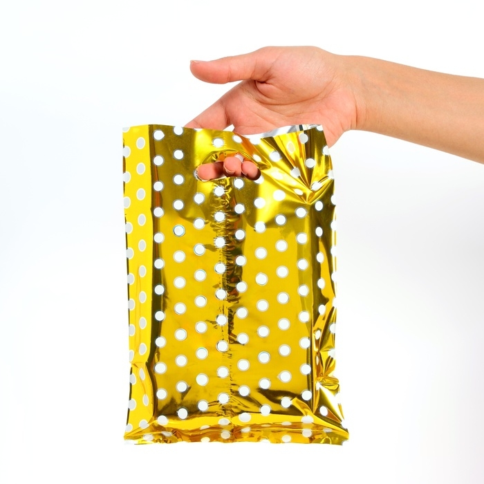Набор подарочных пакетов, металлизированныей, Набор подарочных пакетов, металлизированныей, "Горох" золотой 17х25 см , 20 микрон