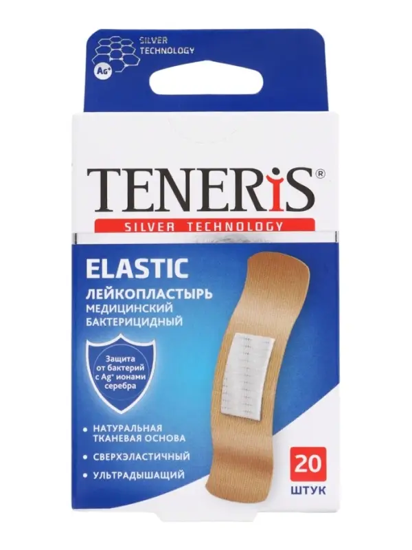 Лейкопластырь медицинский бактерицидный TENERIS Elastic, тканная основа, 7.6&times;1.9 см, 20 шт.