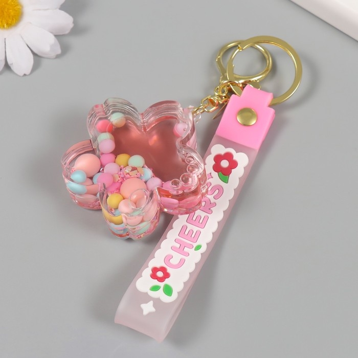 Брелок пластик с карабином, ремешком "Цветочек с шариками" водный с декором 6х6х2 см