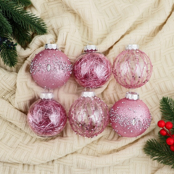 Набор шаров пластик d-8 см, 6 шт Набор шаров пластик d-8 см, 6 шт "Жаклин" розовый