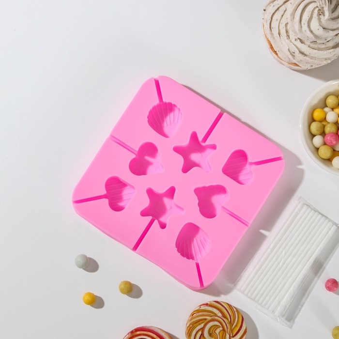 Форма силиконовая для леденцов «Морской берег», 12,5×12,5×1,5 см, 8 ячеек, с палочками, цвет МИКС Форма силиконовая для леденцов «Морской берег», 12,5×12,5×1,5 см, 8 ячеек, с палочками, цвет МИКС