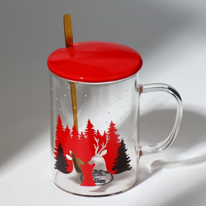 Новый год. Кружка стеклянная с ложкой и крышкой «Зимний лес», 470 мл Новый год. Кружка стеклянная с ложкой и крышкой «Зимний лес», 470 мл