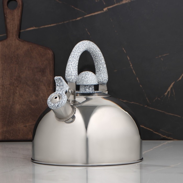 Чайник со свистком из нержавеющей стали Доляна «Мрамор», 3 л, фиксированная ручка, цвет хромированный