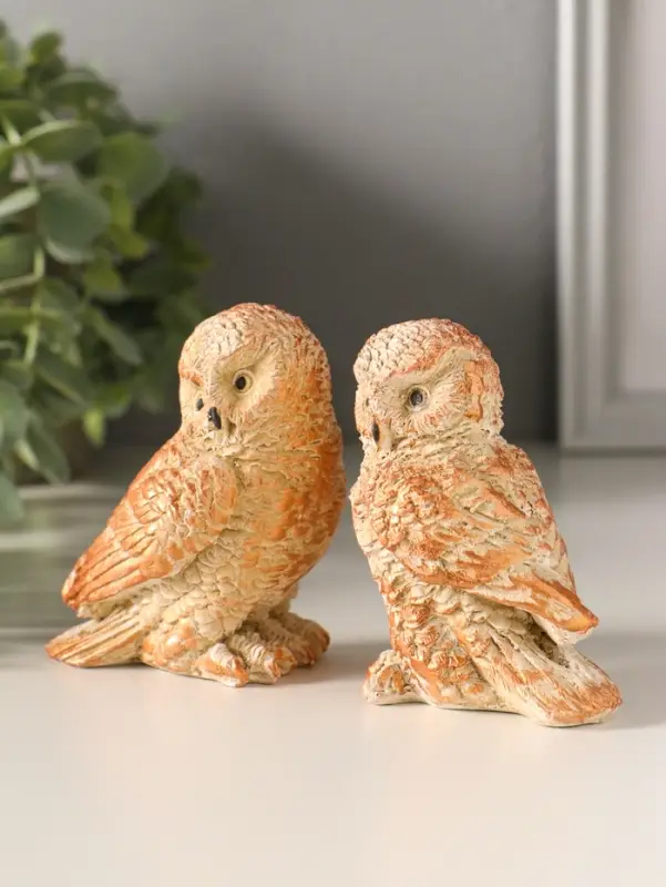 Статуэтки набор 2 шт "Два совенка" 8х8 см, бежевый