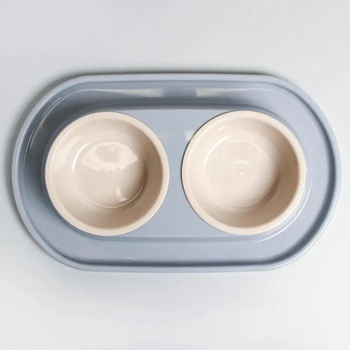 Миска двойная для животных &laquo;Мур-мяу&raquo;, 300 мл, на подставке, пластик, серая