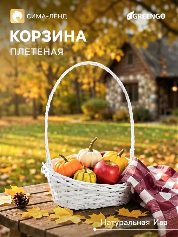 Корзина плетёная для хранения, из лозы, 39&times;29&times;49 см, с ручкой, белая, Greengo