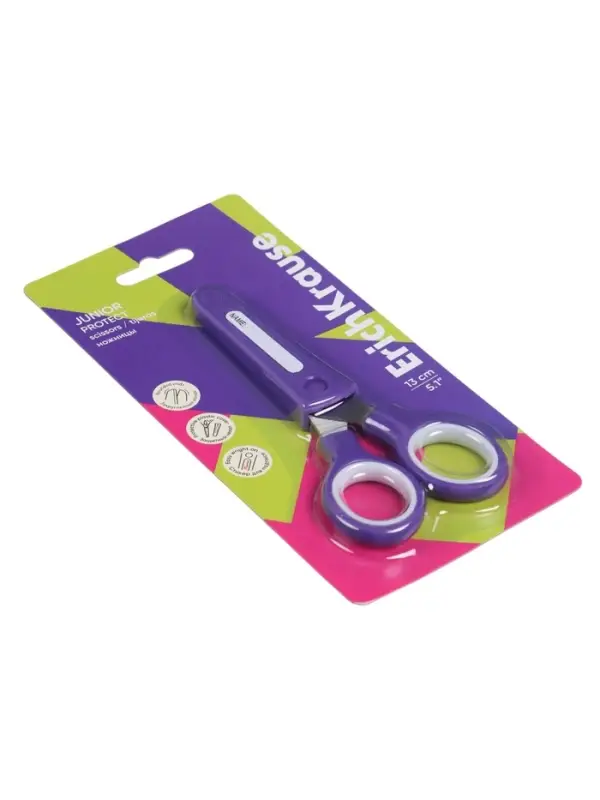 Ножницы детские ErichKrause Junior Protect, 13 см, с пластиковым чехлом и именным стикером, в блистере, МИКС