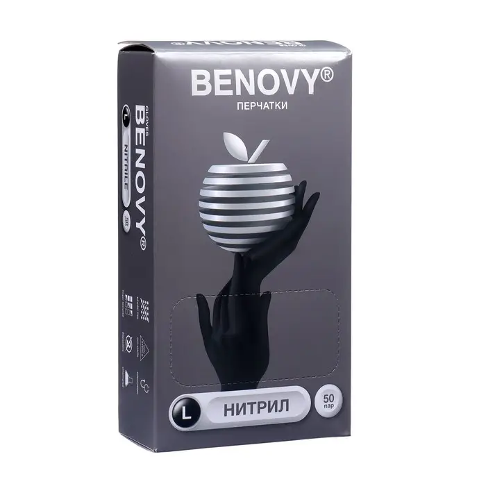Медицинские перчатки BENOVY, нитриловые, нестерильные, текстурированные на пальцах, черные, размер L, 50 пар Медицинские перчатки BENOVY, нитриловые, нестерильные, текстурированные на пальцах, черные, размер L, 50 пар