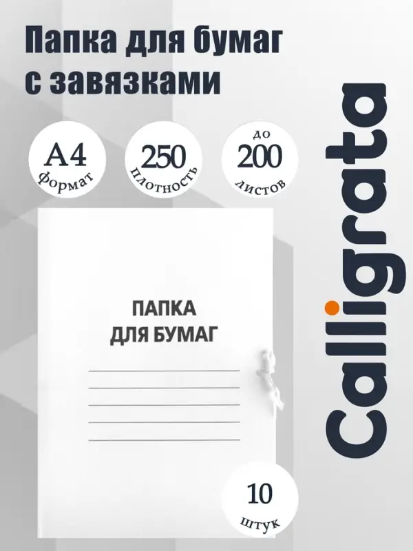Набор папок для бумаги с завязками Calligrata, 250 г/м&sup2;, картон немелованный, до 200 листов, 10 штук