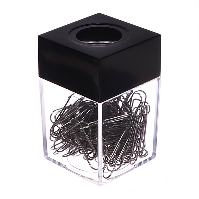 Скрепочница квадратная с магнитом прозрачная пластик, скрепки 100 штук Скрепочница квадратная с магнитом прозрачная пластик, скрепки 100 штук