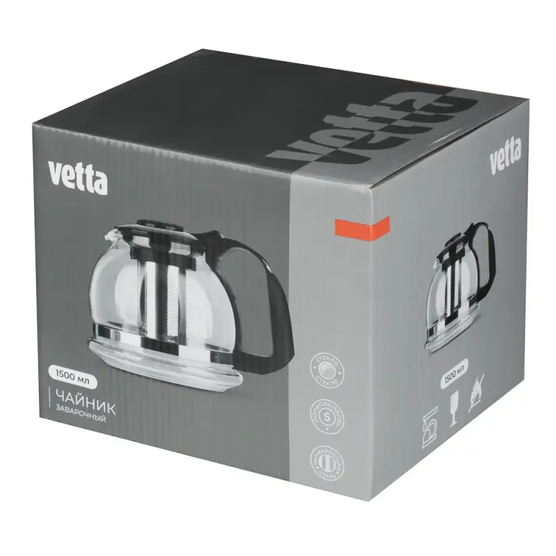 VETTA Чайник заварочный 1500мл, ситечко из нержавеющей стали, стекло, полипропилен