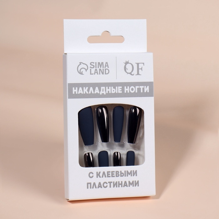 Накладные ногти, 12 шт, с клеевыми пластинами, форма балерина, матовый/хромированный, цвет синий/чёрный Накладные ногти, 12 шт, с клеевыми пластинами, форма балерина, матовый/хромированный, цвет синий/чёрный