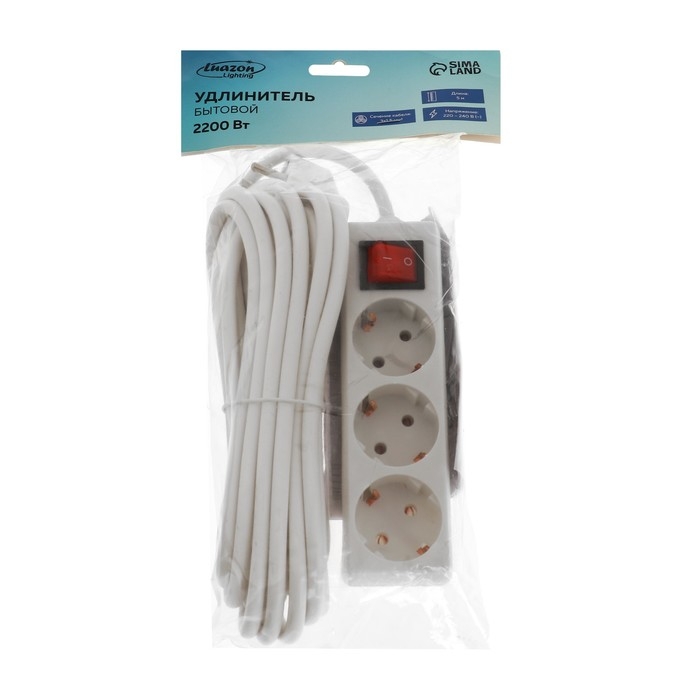 Удлинитель Luazon Lighting, 3 розетки, 5 м, 10 А, 2200 Вт, 3х1.5 мм2, с з/к, с выкл., Б Удлинитель Luazon Lighting, 3 розетки, 5 м, 10 А, 2200 Вт, 3х1.5 мм2, с з/к, с выкл., Б