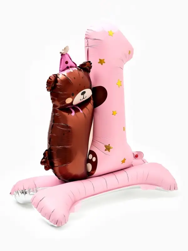 Воздушный шар фольгированный 32" "Цифра 1 с мишкой"  цвет розовый, под воздух