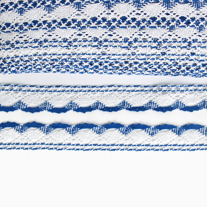Тесьма плетёная, с люрексом 4,5 см., в рулоне 100 м., сине-белая Тесьма плетёная, с люрексом 4,5 см., в рулоне 100 м., сине-белая