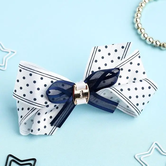 Резинка для волос «Школьница», бант полоски горох, 8 см, бело-синяя