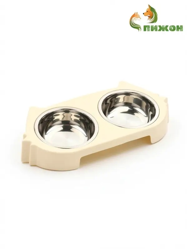 Миска двойная &laquo;Кот&raquo;, 2&times;160 мл, 30.5&times;14.9&times;5.4 см, на пластиковом основании, металл, бежевая