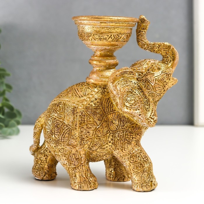 Сувенир полистоун подсвечник Сувенир полистоун подсвечник "Слон с наскальными рисунками" золотистый 16х7,5х13 см