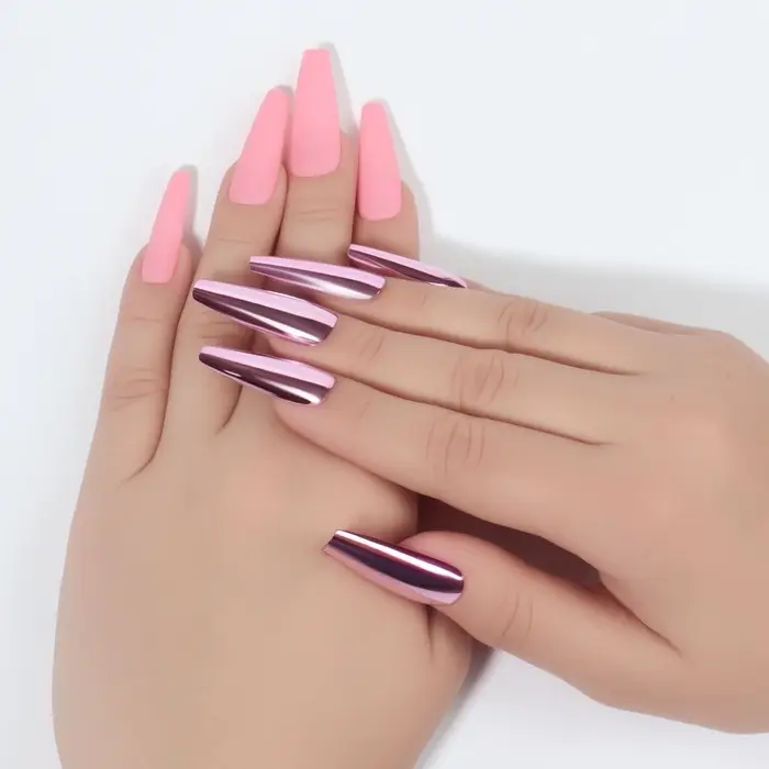 Накладные ногти, 12 шт, с клеевыми пластинами, форма балерина, матовый/хромированный, цвет розовый
