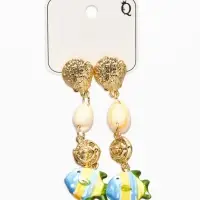 Серьги "Морской мир" рыбы с ракушками, цвет бело-зеленый в золоте