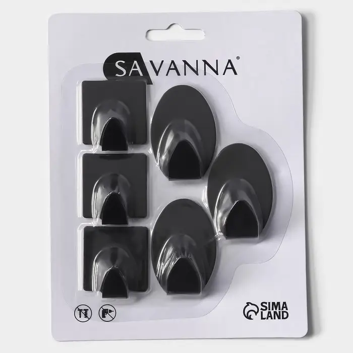Крючки самоклеящиеся SAVANNA Black Loft, 6 шт., металл, 5.3&times;3.5 см, чёрные