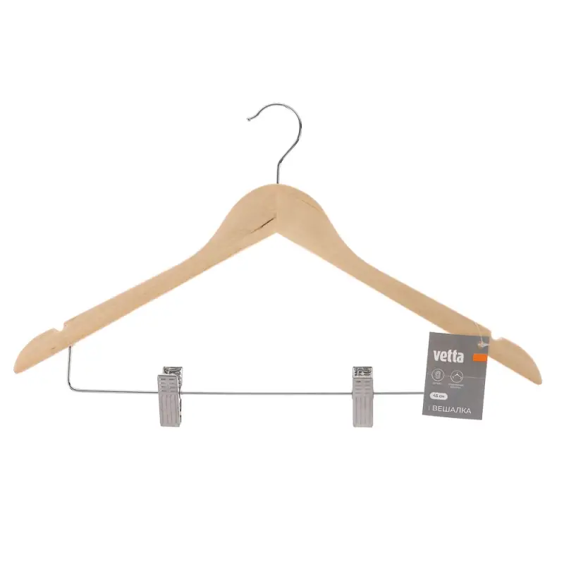 Вешалка для одежды тм VETTA, 45см деревянная с зажимами, хром, цвет светлое дерево