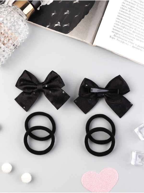 Набор для волос Набор для волос "Школьница галант" (4 резинки 3,5 см, 2 зажима 6,5 см) блеск, чёрный