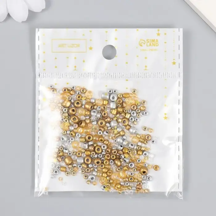 Бисер стекло 6/0 - 15/0  Бисер стекло 6/0 - 15/0 "Ассорти золото и серебро" d=1,5-4 мм, н-р 10гр