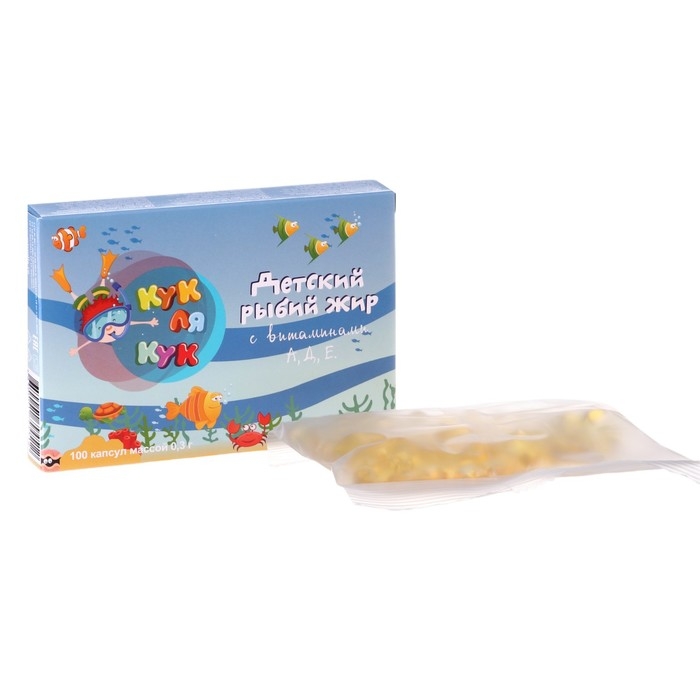 Рыбий жир «Кук Ля Кук» детский, с витаминами А,Д,Е, 100 капсул по 0,3 г Рыбий жир «Кук Ля Кук» детский, с витаминами А,Д,Е, 100 капсул по 0,3 г